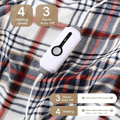 Electric Heated Blanket Throw Size - 50"x60", Soft Flannel Heating Blanket, 4 Heating Levels, 3 H Auto Shut Off, Breathable Warm and Washable for Sofa, Blue-White-Red Plaid