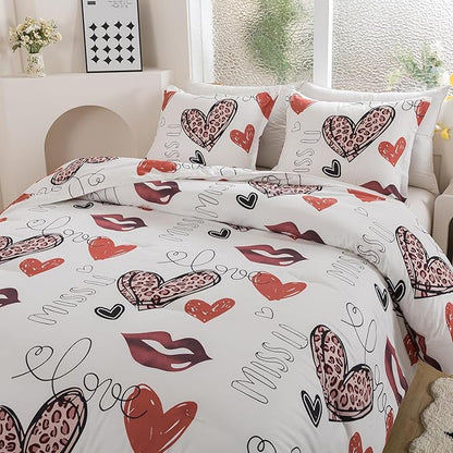 Caressma Heart Print Comforter Set Queen Size, Lips Print Love Teens Romantic Comforter Set for Girls, Red and Leopard Sexy Heart Pattern Bedding Comforter Set for Valentine's Day