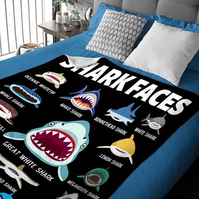 Shark Blanket Gifts for Kids Adult Sharks Lovers Shark Faces Blanket Super Soft Warm Fleece Flannel for Travel Beach Sofa Shark Room Decor Christmas Birthday Easter 50"X40"-S