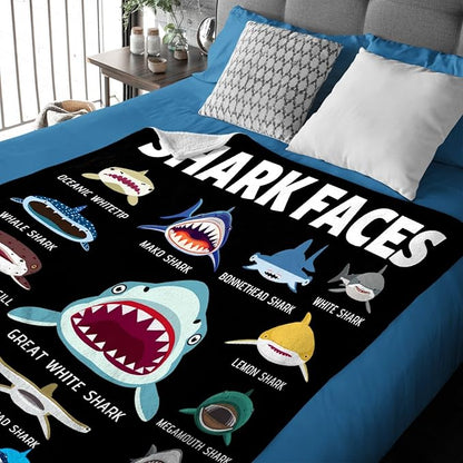 Shark Blanket Gifts for Kids Adult Sharks Lovers Shark Faces Blanket Super Soft Warm Fleece Flannel for Travel Beach Sofa Shark Room Decor Christmas Birthday Easter 50"X40"-S