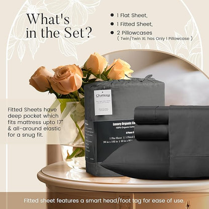 100% Cotton Sheets King Size Sheets Set with Fitted Sheet & Pillowcase Sets, Sateen Weave 4 piece Deep Pocket King Sheet Set, Soft & Comfy Naturally Cool Luxury Bedding- Charcoal