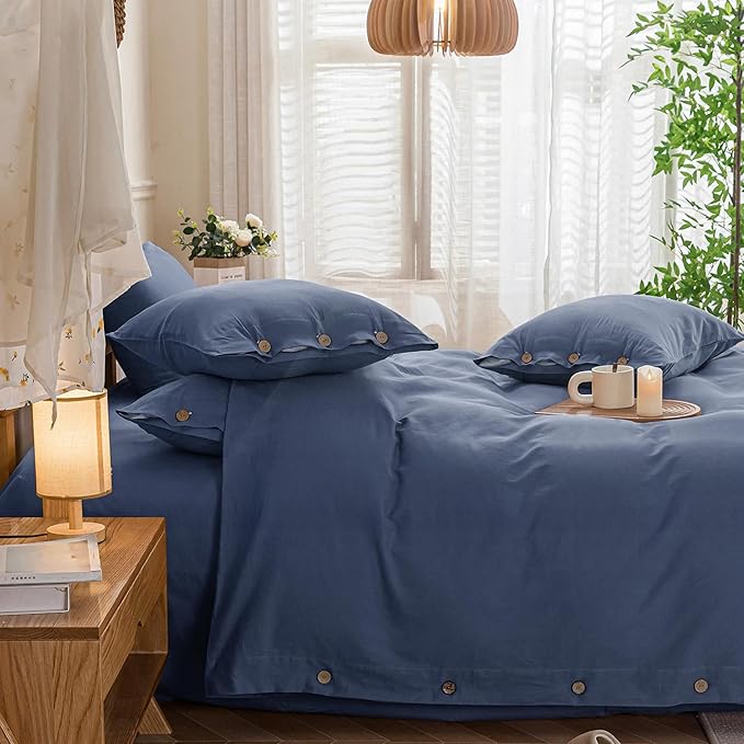 JELLYMONI Cotton Duvet Cover Full Size - Blue Comforter Cover with Button 100% Washed Cotton 3PCS Breathable Soft Solid Bedding Set Duvet Cover 80×90in & 2 Pillowcases (NO Comforter)