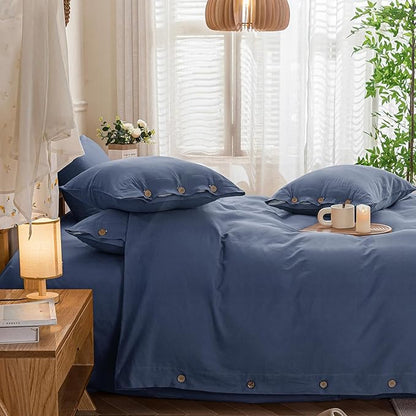 JELLYMONI Cotton Duvet Cover Twin Size - Blue Comforter Cover with Button 100% Washed Cotton 2PCS Breathable Soft Solid Bedding Set Duvet Cover 68×90in & 1 Pillowcase (NO Comforter)
