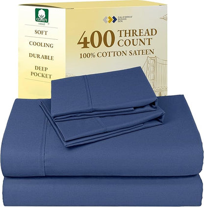 California Design Den Natural 100% Cotton King Size Sheets Set - 400 Thread Count Sateen, Deep Pocket King Bed Sheets with All Around Elastic, Soft, Durable Bedding - Navy Blue
