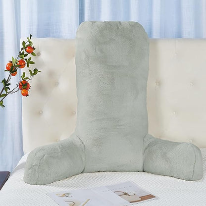 Faux Fur Assembly Need DIY Extra Large Backrest Reading Bed Rest Pillow with Arms and Pockets for Sitting in Bed Couch Sofa, Removable Cover & Filling Seprated, 28" x 30" x17", Light Gray