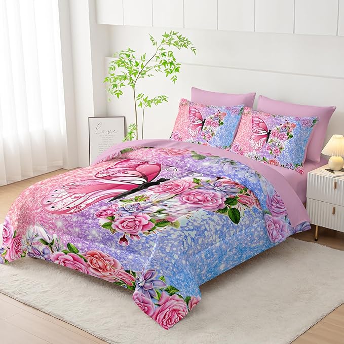 Butterfly Comforter Set (7 Piece) - Twin Size, Floral Pink Purple Bedding, Girls/Teens, Soft Microfiber, Sheets/Pillowcases Included