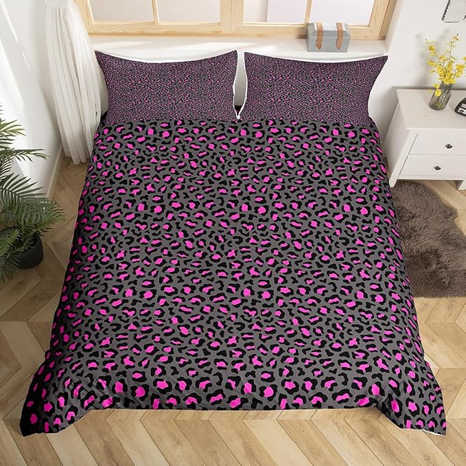 Leopard Print Bedding Set Twin Size,Wild African Cheetah Animal Duvet Cover for Kids Boys Bed Comforter Cover Set,Pink and Grey Fur Bedding Quilt Cover Set Decorative 2 Pieces