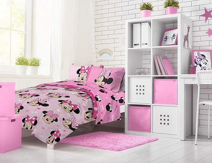 Jay Franco Disney Minnie Mouse Hearts N Love 4 Piece Twin Bed Set - Includes Reversible Comforter & Sheet Set - Super Soft Fade Resistant Microfiber - (Official Disney Product)