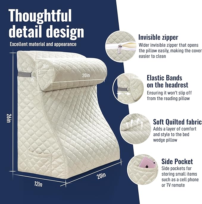 Daneey Bed Wedge Pillow, Reading Pillow Adult, Wedge Pillow for Sleeping, Back Pillow for Sitting in Bed with Adjustable Roller, Foam Wedge Pillow for Neck, Lumbar, Back, Light Brown, Velvet