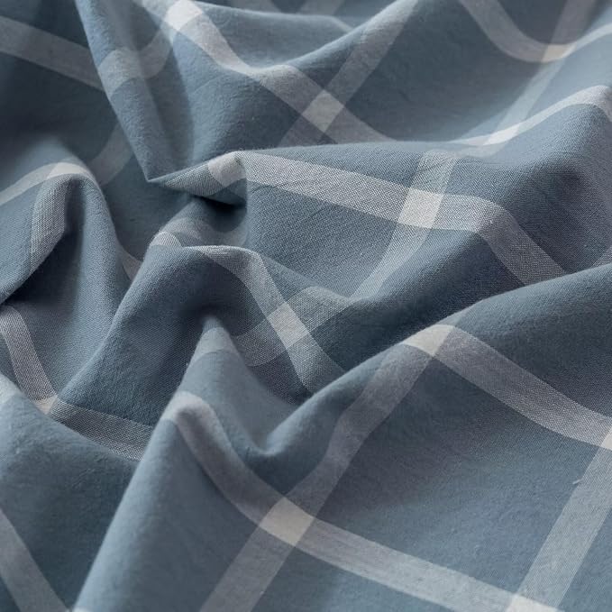 BuLuTu Blue White Plaid Duvet Cover Full 100% Washed Cotton Comforter Cover Set Modern Buffalo Plaid Bedding Set for Kids, Grid Gingham Duvet Cover and 2 Pillowcases for All Seasons