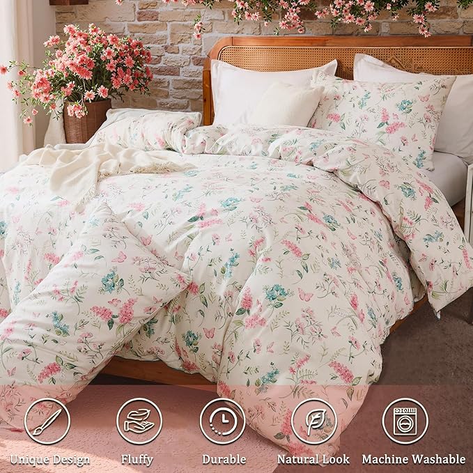 Duvet Cover King Size - 100% Nature Cotton Pink Floral Duvet Cover with Zipper Closure & Corner Ties,3pcs Soft & Breathable Pink Bedding Set with 2 Pillowcases 20"x36"