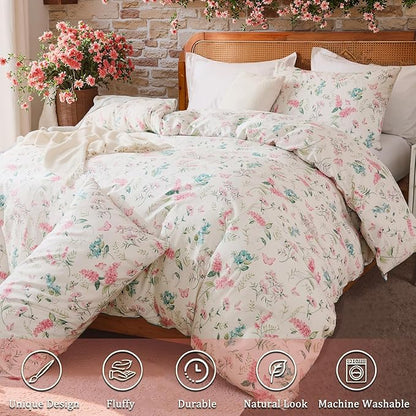 Duvet Cover King Size - 100% Nature Cotton Pink Floral Duvet Cover with Zipper Closure & Corner Ties,3pcs Soft & Breathable Pink Bedding Set with 2 Pillowcases 20"x36"