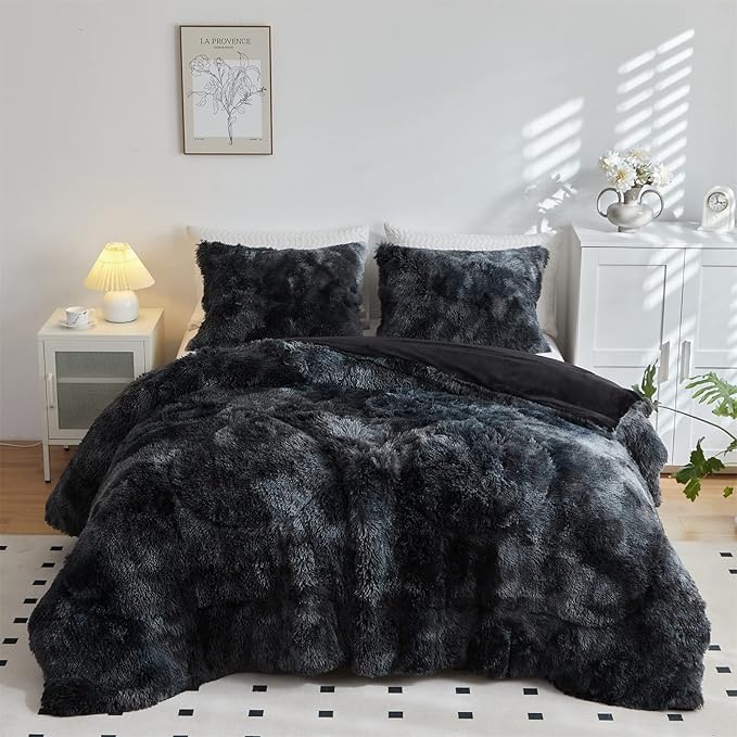 Wajade Faux Fur Plush Black Comforter Set Fluffy Fuzzy Shaggy Bedding Set - 3PC King Size Microfiber Soft Warm Quilt Set