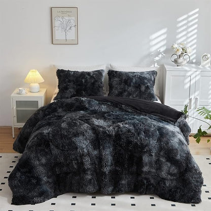 Wajade Faux Fur Plush Black Comforter Set Fluffy Fuzzy Shaggy Bedding Set - 3PC Full/Queen Microfiber Soft Warm Quilt Set