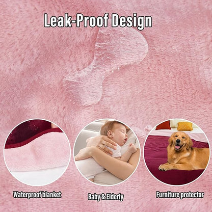 Waterproof Blanket for Bed, 80"x90" Leak-Proof Design, Reversible & Washable King Size Waterproof Blanket, Large Water Resistant Blankets, Reusable (Burgundy/Rose Pink)