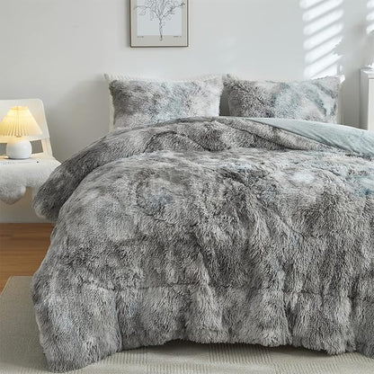 Wajade Faux Fur Plush White Comforter Set Fluffy Fuzzy Shaggy Bedding Set - 3PC Full/Queen Microfiber Soft Warm Quilt Set (Tie Dye Grey White, King)