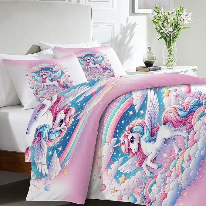 Unicorn Comforter Set Unicorns Decor Twin Bed Duvet Cover Set for Girls Boys Women Adults Teens Dreamy Unicorn Bedding Comforters 3 Piece Bedding Set