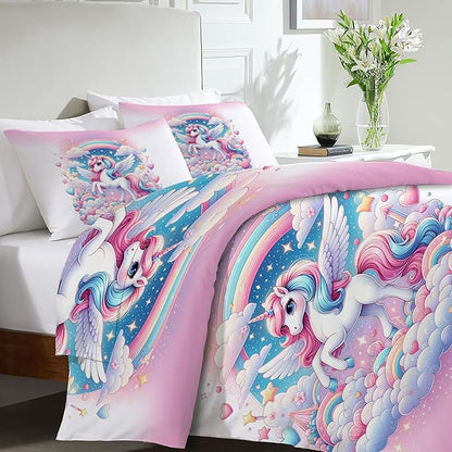 Unicorn Comforter Set Unicorns Decor Twin Bed Duvet Cover Set for Girls Boys Women Adults Teens Dreamy Unicorn Bedding Comforters 3 Piece Bedding Set