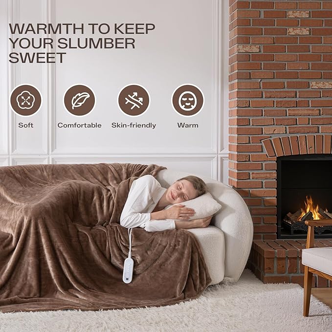 Heated Blanket Twin Size, Electric Blanket with 1-10 hrs Timer Auto-Off & 8 Heating Levels, Double-Layer Flannel Heating Blanket with ETL Certification, Machine Washable (62”x 84”, Brown)