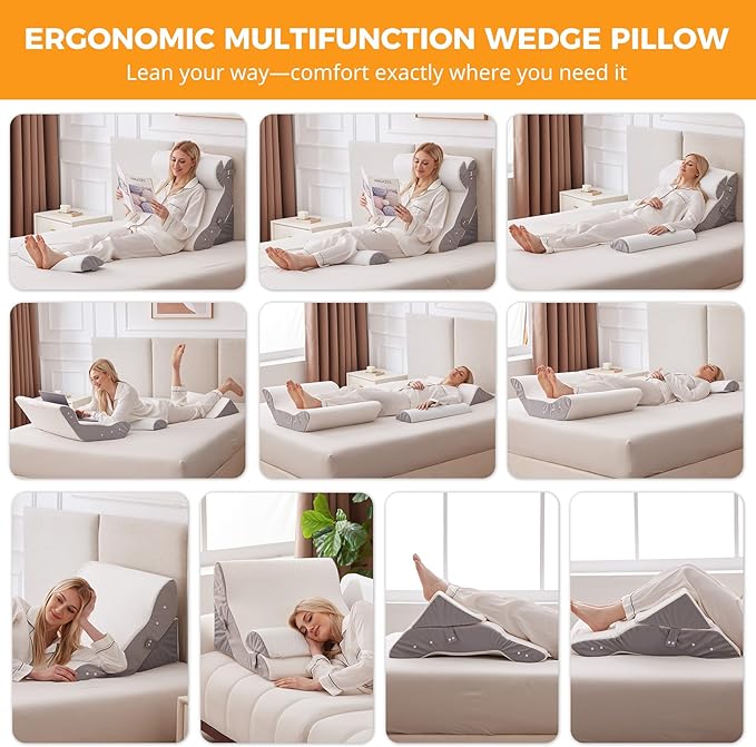 4PCS Wedge Pillow Set for After Surgery, 10-in-1 Adjustable Wedge Pillow for Acid Reflux Relief, Bed Wedge Pillows for Sleeping, Snoring & Back Pain Relief, Sit up Pillow for Bed, White