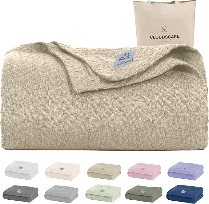 Cloud Scape Linen Herringbone Cotton Twin Blanket for Couch, Bed,Sofa, Home Decor, Soft, Weighted, All-Season, Winter Bed Blanket, Best Gift Idea, 68 x92, Fog