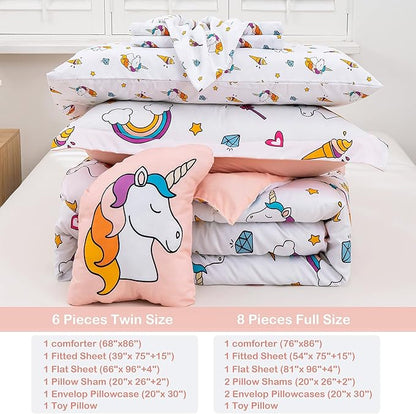 Mooreeke Bed in a Bag for Kids Girls Teens, 6 Pieces Twin Size Comforter Bed Set with Shams, Sheet Set and Decorative Toy Pillow, Unicorn Rainbow Super Soft Microfiber Kids Bedding Set