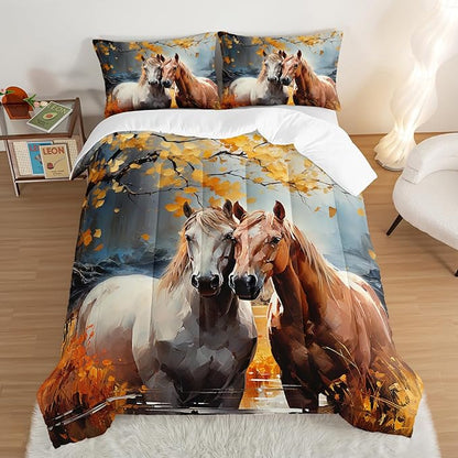White Brown Horses Comforter Set Full Size,Watercolor Painting Autumn Leaves Bedding Set for Kids and Adults Bedroom Horse Decor,Natural Scenery Aesthetics Comforter Set with 2 Pillowcases.