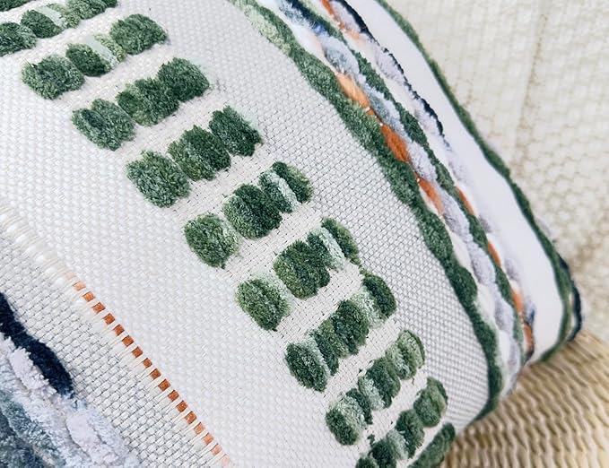 Boho Throw Pillow Covers 18x18 Aesthetic Neutral Boucle Couch Pillow Cover Rainbow Striped Decorative Accent Pillow Case for Couch Bed Sofa Farmhouse Bedroom,Modern Funky,Set of 2 Sage Green