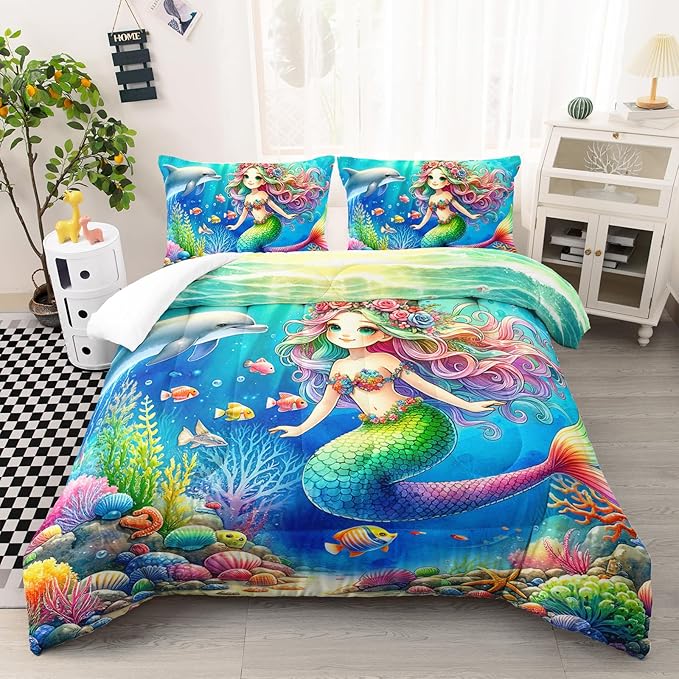 Cute Mermaid Comforter Set Twin Size, Dolphin Coral Seaweed Fish Ocean Theme Bedding Set, Colorful Romantic Room Decor for Girls