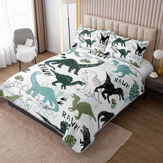 QOOMO Dinosaur Quilt Set Full/Queen Size,Cartoon Dinosaur Bedspread Coverlet Set,Dinosaurs 3Pcs Bedding Set Printed Quilt with 2 Pillowcases,Soft and Lightweight,for All Seasons