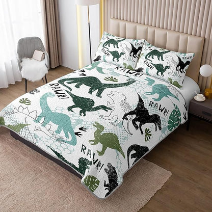 QOOMO Dinosaur Quilt Set Twin Size,Cartoon Dinosaur Bedspread Coverlet Set,Dinosaurs 3Pcs Bedding Set Printed Quilt with 2 Pillowcases,Soft and Lightweight,for All Seasons