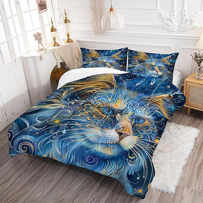 Cat Comforter Set Full: Blue Exotic Cat Themed Bedding Set Gothic Boho Ethnic Kitten Quilts Mystic Pet Animal Bed Sets for Teens Girls Women 1 Comforter & 2 Pillowcases