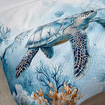 Coastal Bedding Quilt Sets Twin Size,Summer Blue Sea Turtles Jellyfish Nautical Bedding Quilt with 2 Pillowcases,Beach Themed Soft Lightweight Quilted Set.