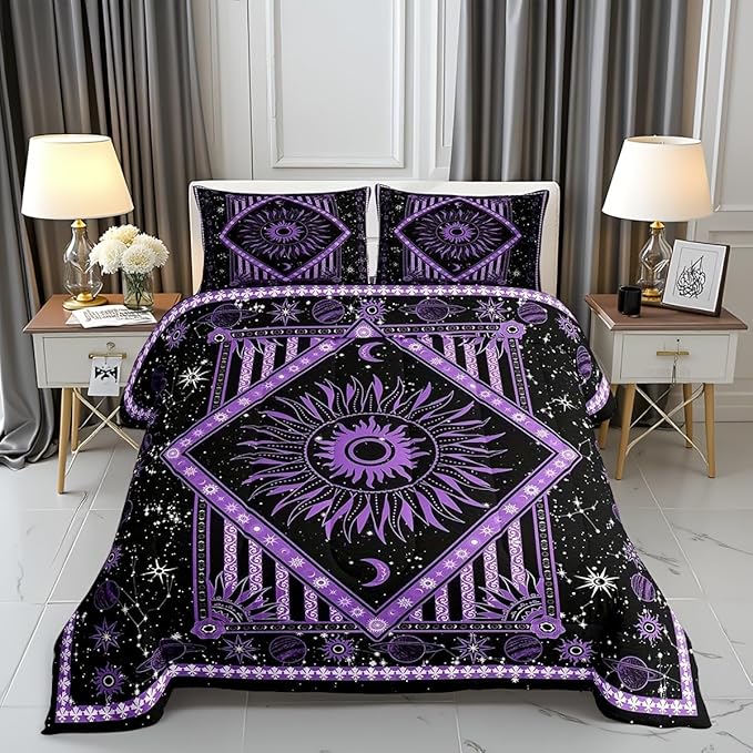 Burning Sun Full Size Comforter Set Purple Constellation Bedding Set for Kids Adults Teens Sun Moon Star Planet Comforter Luxury Hippie Mandala Quilt Set Room Decor 3Pcs