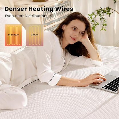 Electric Heated Mattress Pad King Size Dual Control Bed Warmer, Deep Pocket, Side Storage Pouch for Controller, Machine Washable, Waffle Jacquard, 78"x80", White