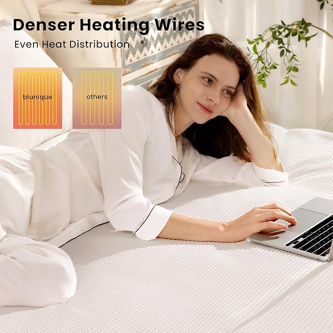 Electric Heated Mattress Pad Twin Size Single Control Bed Warmer, Deep Pocket, Side Storage Pouch for Controller, Machine Washable, Waffle Jacquard, 39"x75", White