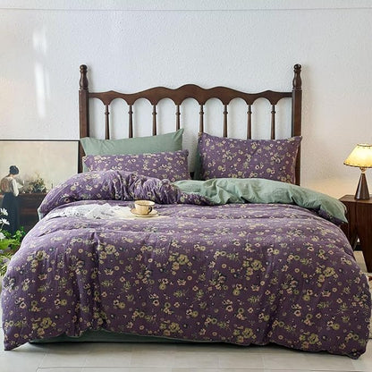 BuLuTu Jacquard Textured Muslin Duvet Cover Set King Size, Vintage Cottage Comforter Cover Purple Floral, Double-Layer Gauze Cotton Quilt Cover with 2 Pillow Cases for All Seasons