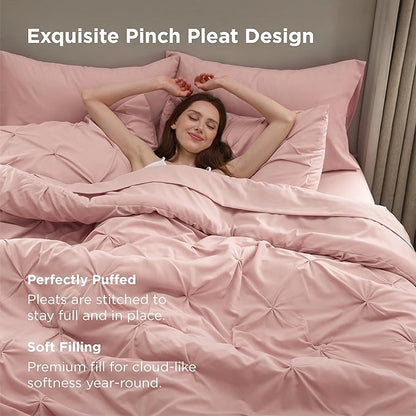Bedsure Queen Comforter Set Pink - Bed in a Bag Queen Size Bedding 7 Pieces, GentleSoft™ Pintuck Bed Set Gift for Family, Pinch Pleat All Season Comforter with Sheets, Pillowcases & Shams