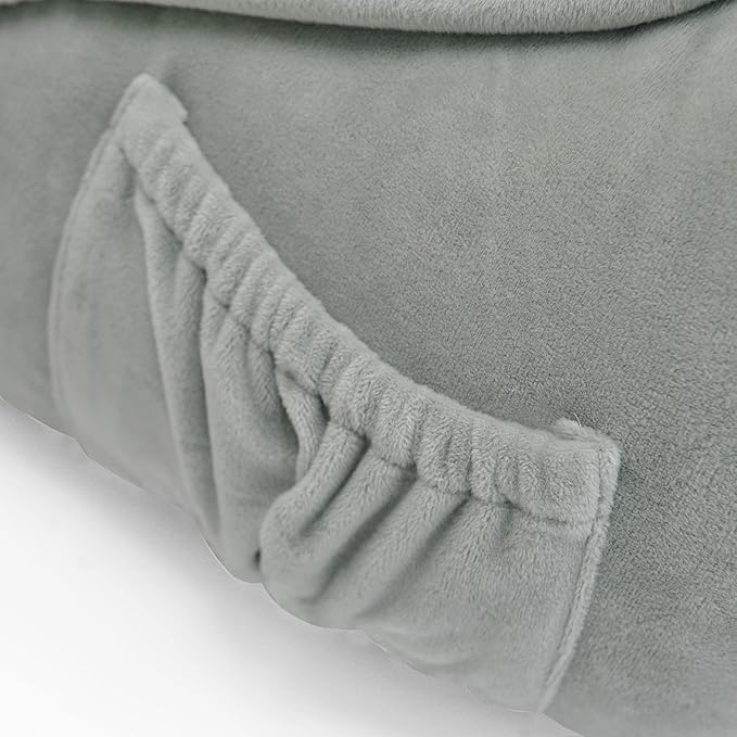 Super Soft Velvety Backrest Reading Bed Rest Pillow with Arms and Pockets 18" H for Sitting in Bed Couch Sofa, Back Support Wedge Cushion with Removable Cover, 20" x 18" x17", Light Grey
