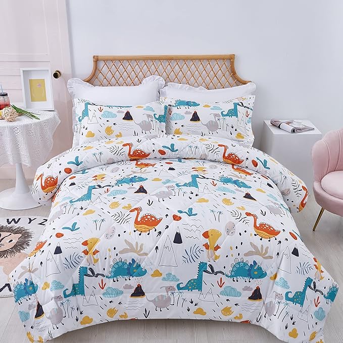JSD Dinosaur Kids Comforter Set Queen Size, 3 Piece Printed Microfiber Comforter with Pillow Sham, Machine Washable