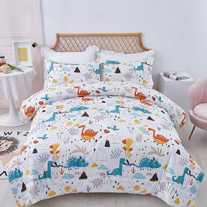 JSD Dinosaur Kids Comforter Set for Boys Girls, 3 Piece Full Microfiber Comforter with Pillow Sham, Lightweight All Season Washable
