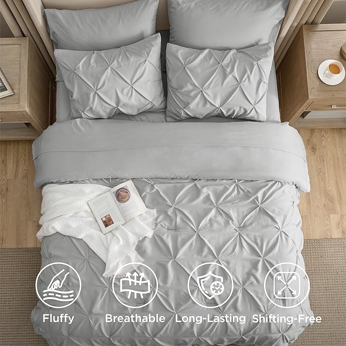 Bedsure Twin XL Comforter Set - Extra Long 5 Pieces Dorm Bedding Sets, GentleSoft™ Pinch Pleat Light Grey Bed in a Bag with Pintuck Comforter, Sheets, Pillowcase & Sham