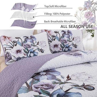 Floral Quilt Set Twin 2 Pieces Boho Purple Floral Quilt Coverlet Set Soft Microfiber Lightweight Purple Flower Quilted Bedspread for All Season 68"x 86"