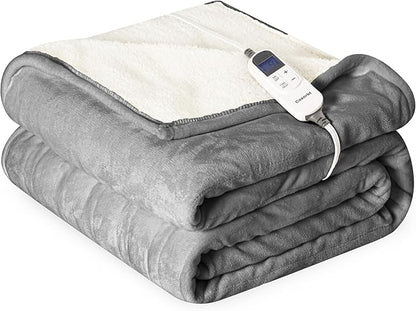 Heat Blanket 50”x60” Throw,Soft Flannel & Sherpa Reversible Electric Blanket with 10 Heat Settings,12 Timer Setting and 3 Hours Auto-Shut Off,ETL Certified Machine Washable,Light Grey