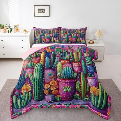 3D Cactus Comforter Set King Size Western Bohemia Rustic Bedding Set Bedroom Decor Tropical Nature Botancial Quilt Set for Kids Boys Girls Exotic Tribal Style Duvet Insert 3Pcs