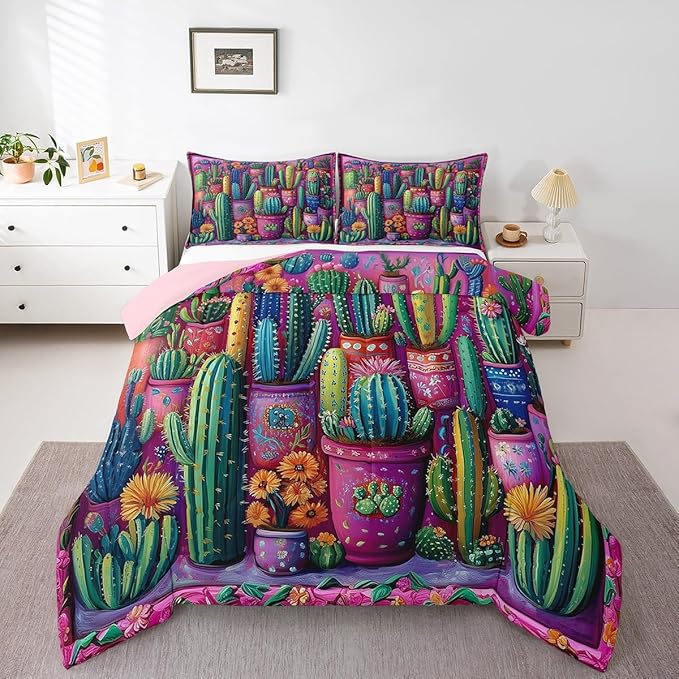 3D Cactus Comforter Set Twin Size Western Bohemia Rustic Bedding Set Bedroom Decor Tropical Nature Botancial Quilt Set for Kids Boys Girls Exotic Tribal Style Duvet Insert 2Pcs