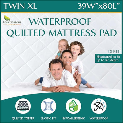 Twin Extra Long (XL) Quilted Mattress Pad - Fitted Waterproof Mattress Protector, Pillow Top Mattress Topper, Premium Quality Hypoallergenic Mattress Cover