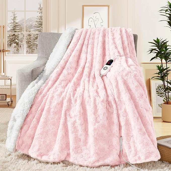 MAXEVE Heated Blanket Electric Twin Size 62"x84" Faux Rabbit Fur Sherpa Blankets with 6 Heating Sets & 12 Hours Auto Off, Warm Gifts for Grandma Wife, ETL Certification
