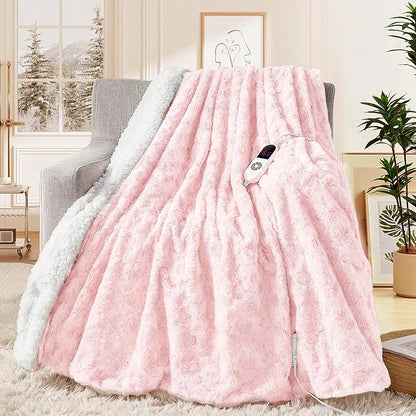 MAXEVE Heated Blanket Electric Throw 50"x60" Faux Rabbit Fur Blankets with 6 Heating Sets & 12 Hours Auto Off, Warm Gifts for Grandma Wife, ETL Certification