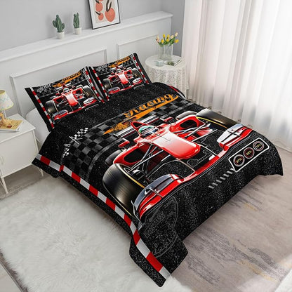 3D Racing Comforter Set Red Kart Printed Bedding Set with 1 Comforter and 2 Pillowcases for Boys and Girls Bedroom All Season(Kart Full)